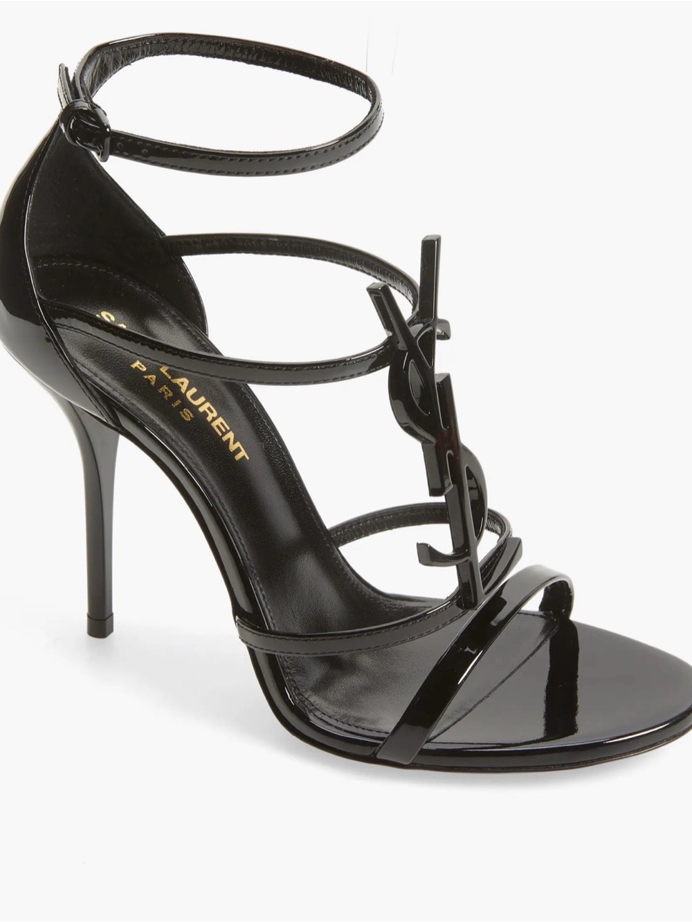Saint Laurent Cassandra Black Patent Leather Logo T-Strap Stiletto Sandals